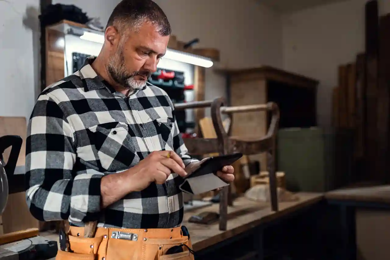 Handwerker mit Tablet in der Werkstatt