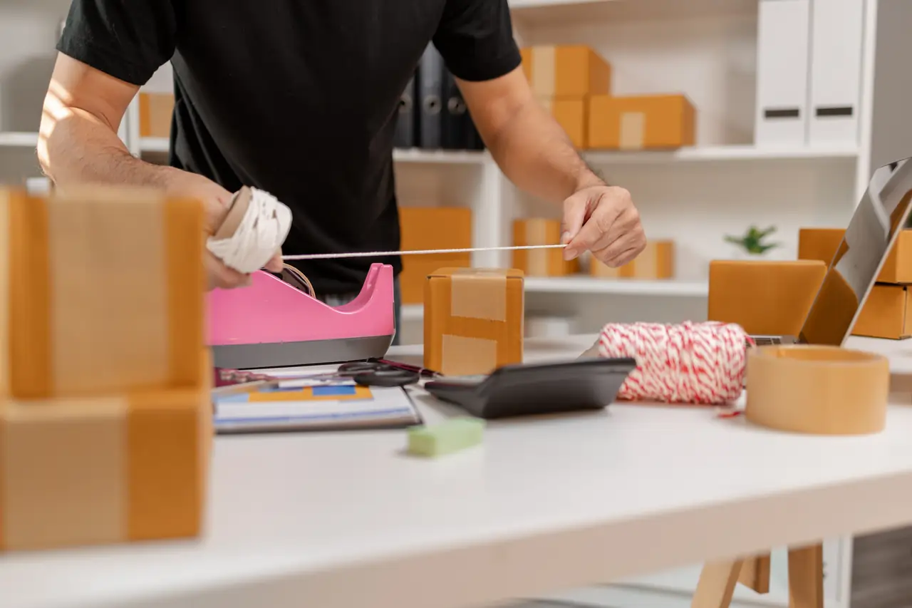 Person verpackt Kartons für den Versand