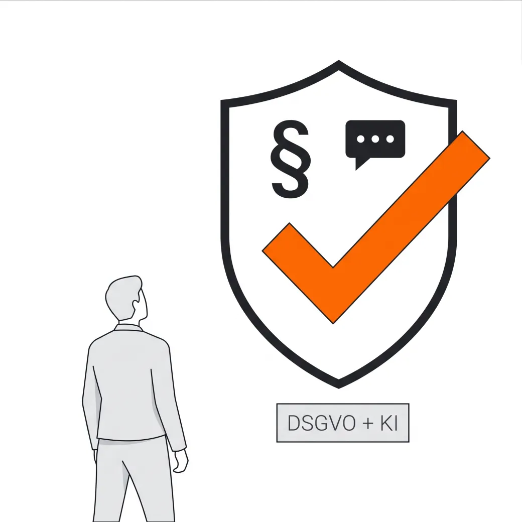 Illustration: ein Schutzschild mit Paragraf-Zeichen und KI-Symbol und einem orangen Haken für rechtssichere KI-Nutzung nach DSGVO