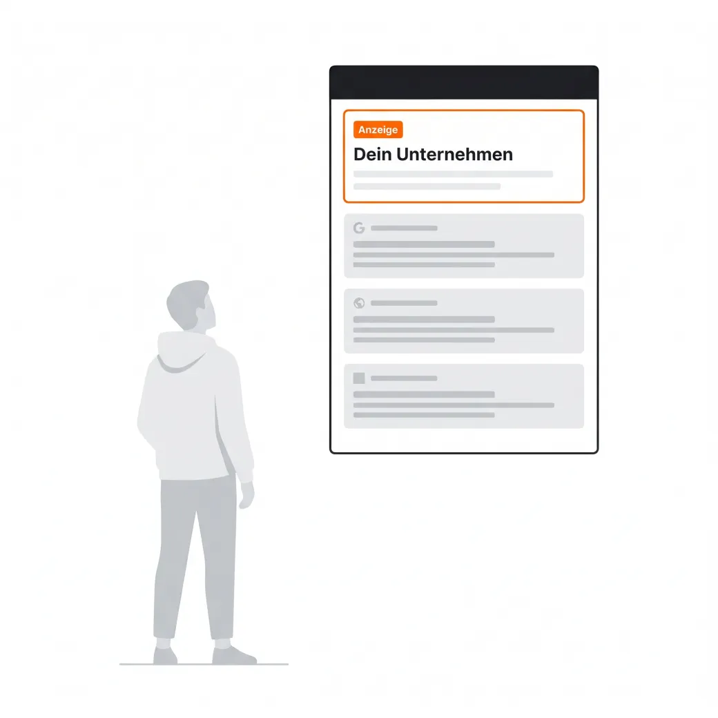 Illustration: eine Person sieht in den Google-Ergebnissen ihr Unternehmen als orange hervorgehobene Anzeige ganz oben