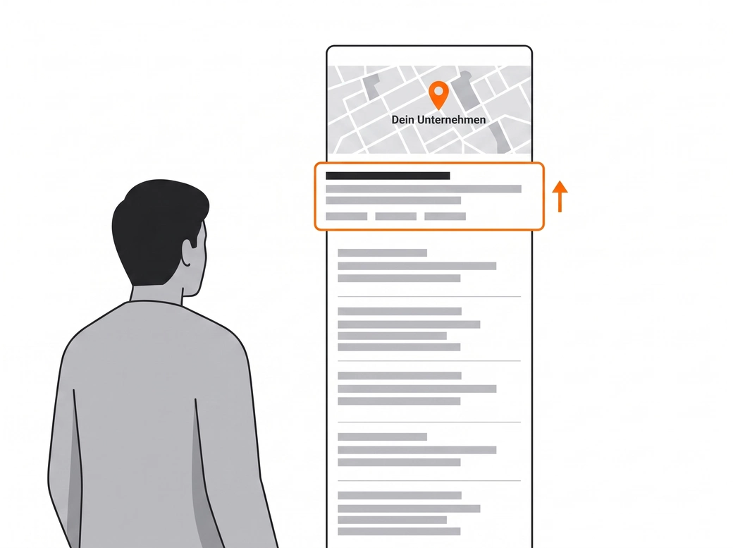 Person sieht Google-Suchergebnisse, das eigene Unternehmen steht oben und auf der Karte