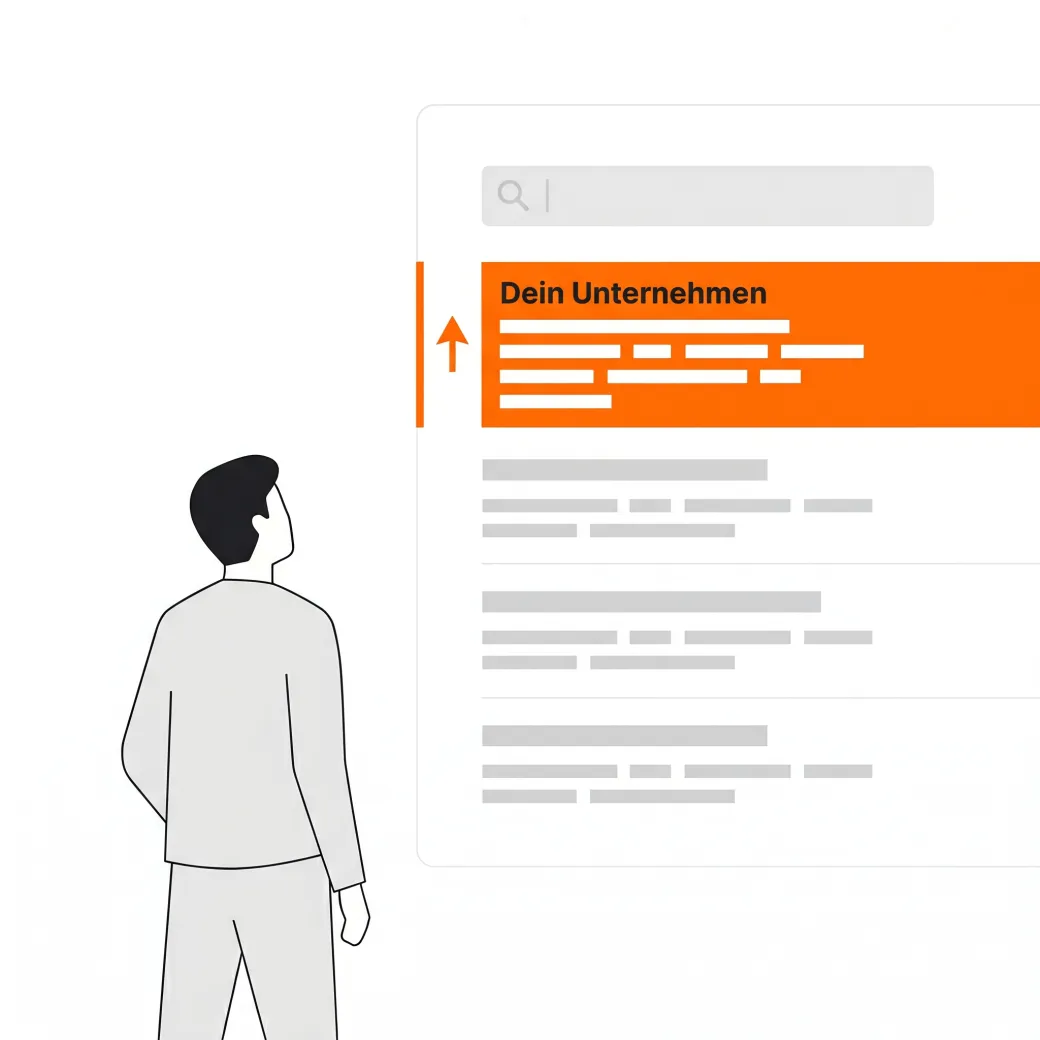 Illustration: eine Person sieht in den Google-Suchergebnissen ihr Unternehmen als oranges Top-Ergebnis auf Platz eins