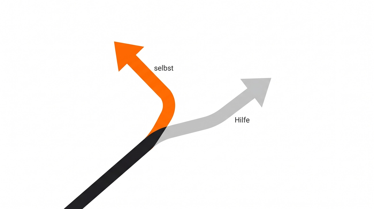 Illustration: eine Weggabelung, links der orange Weg SEO selbst machen, rechts der Weg Hilfe holen.