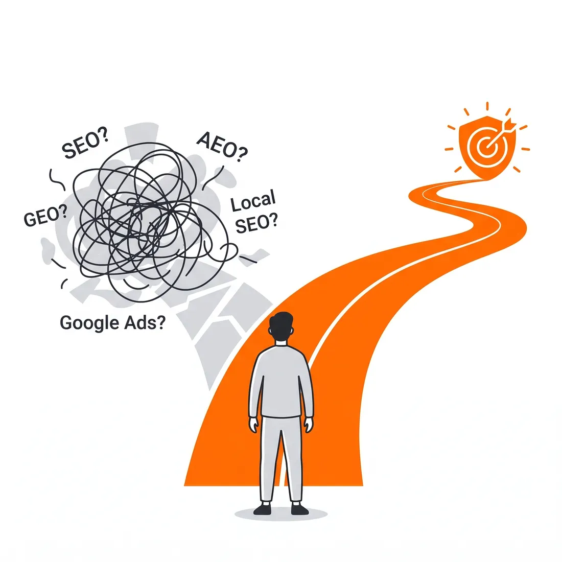 Illustration: eine Person an einer Weggabelung, der klare orange Weg mit Beratung gegen das Durcheinander aus SEO, GEO und AEO Fragezeichen