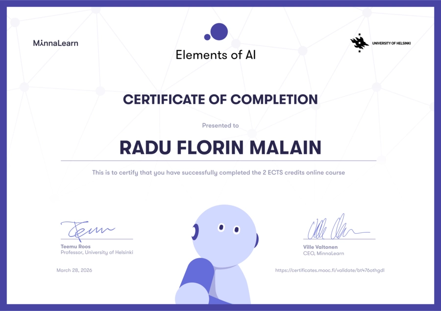 Elements of AI Zertifikat der Universität Helsinki für Radu Malain