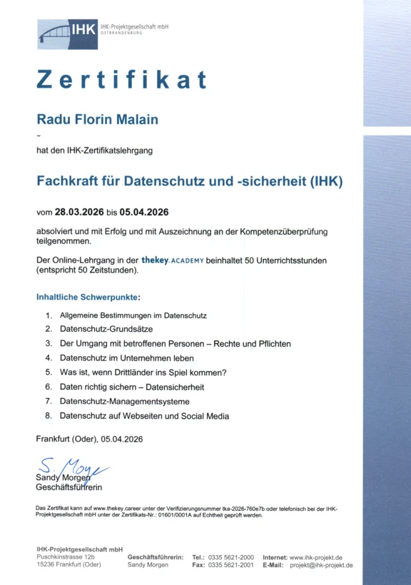 Fachkraft für Datenschutz und -sicherheit (IHK), Zertifikat von Radu Malain