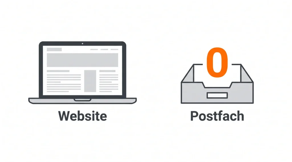 Laptop mit einer Website daneben ein leeres Postfach mit einer großen orangefarbenen Null als Zahl der Anfragen.