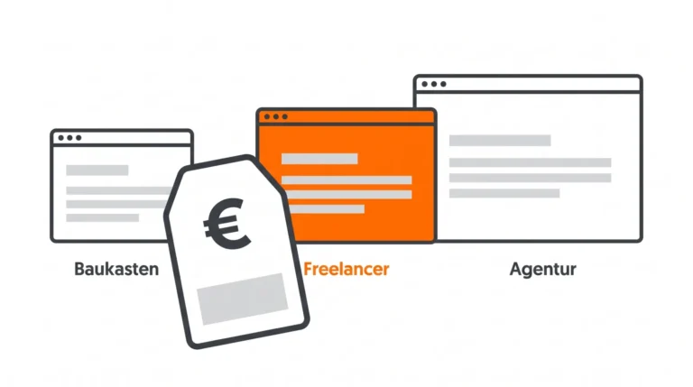 Ein Preisschild vor drei Browserfenstern in verschiedenen Größen mit den Beschriftungen Baukasten, Freelancer und Agentur.