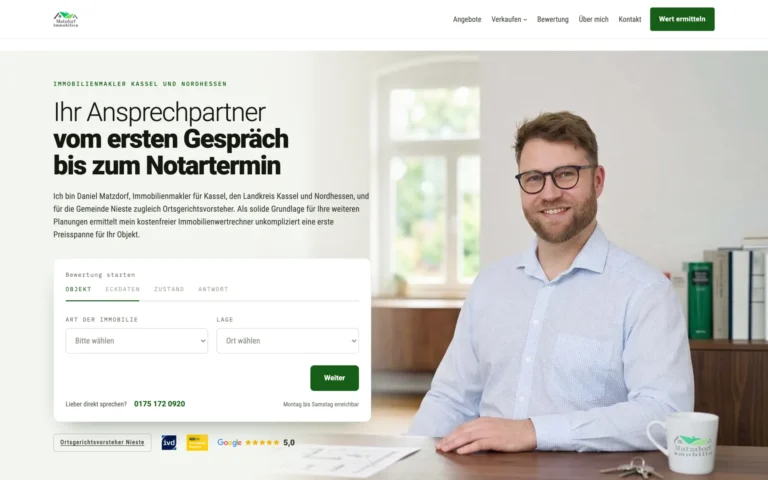Startseite einer Immobilienmakler-Website aus Nordhessen, gestaltet und umgesetzt von Radu Malain