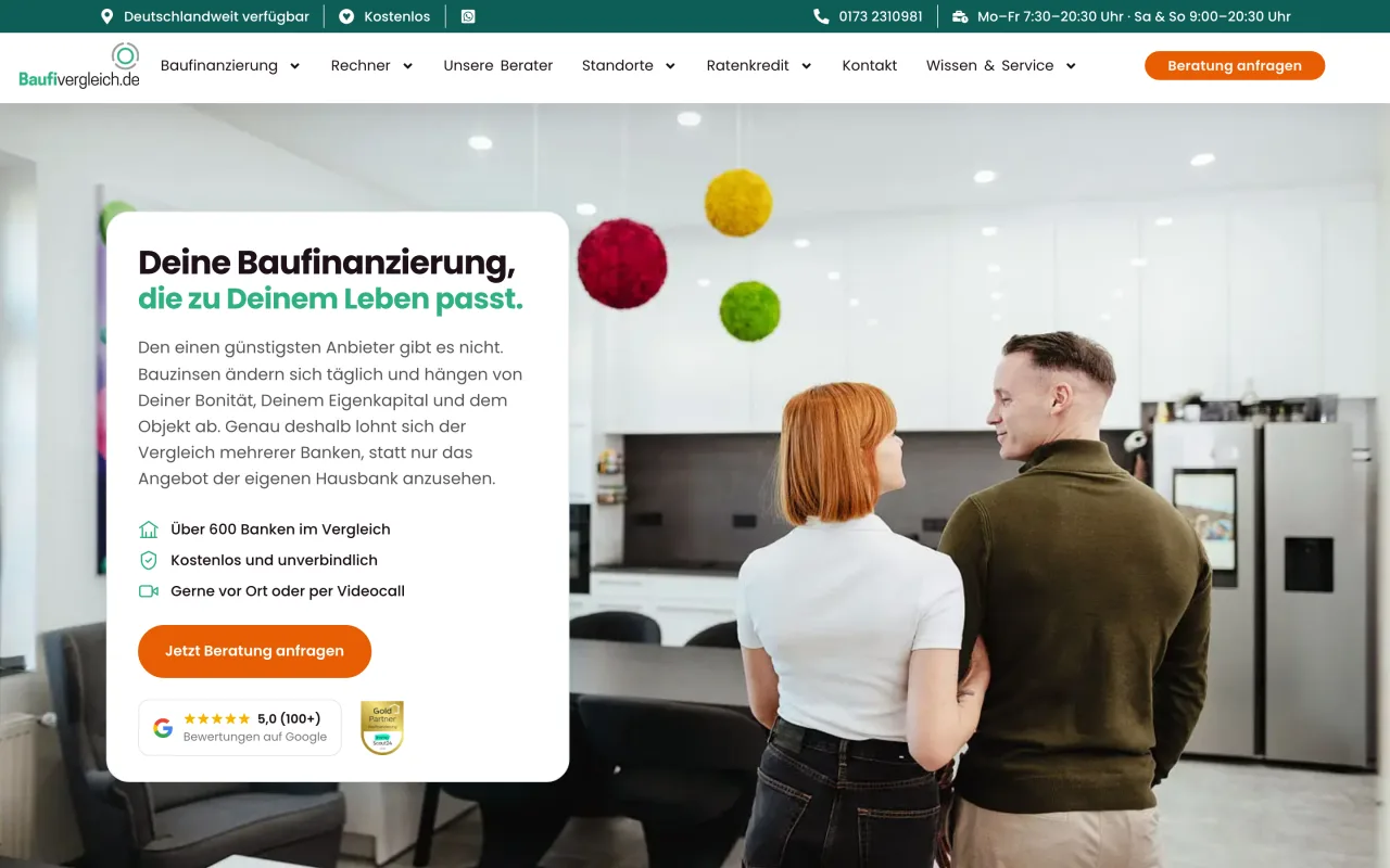 Startseite eines Vergleichsportals für Baufinanzierung aus Kassel, dessen Website Radu Malain betreut und zum Teil neu gestaltet hat